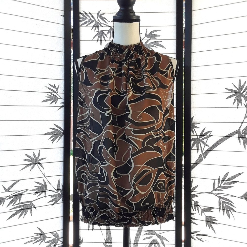Prima Anna Brown Black Sleeveless Mock Neck Blouse